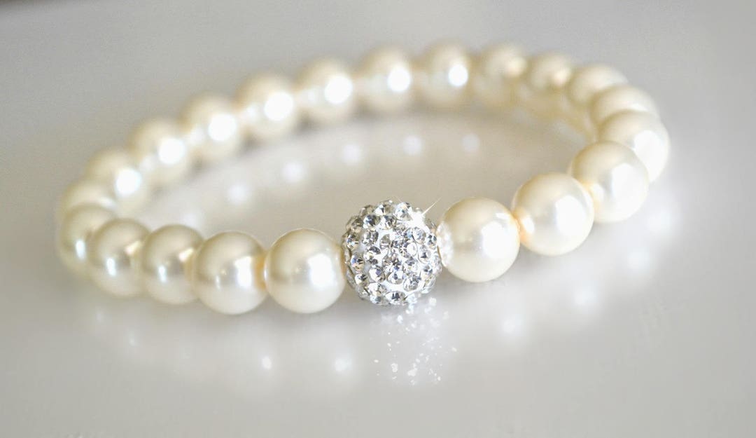 Pearl Bracelet With Crystal Ball Bead Etsy