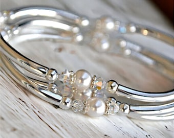 Crystal and Pearl Bangle Bracelets;  Set of 3
