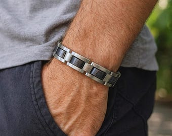 Men's Black Hematite, Bracelet: Stainless Steel Link, Groomsmen Gift