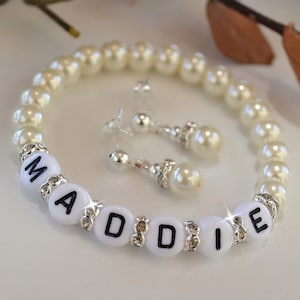 Personalized Pearl Bracelet and Earring Set: Flower Girl Jewelry