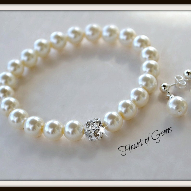 Pearl and Crystal Bracelet and Earring Set/Weddings/Bridal/Stretch Bracelet image 2