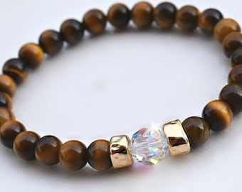 Tiger Eye Gemstone And European Crystal Stretch Bracelet