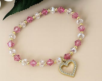 Pink Crystal Gold Tone Bracelet: Swarovski Rondelle, Bridal Jewelry