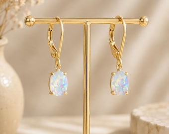 Gold Tone Opal Hoop Earrings | Oval Drop Dainty Minimalist Jewelry