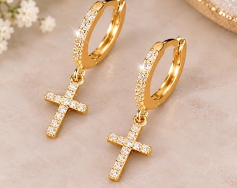 Cubic Zirconia Cross Hoop Earrings, Religious Dangle, Christian Jewelry