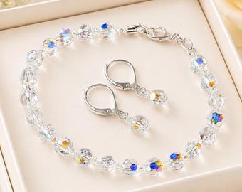 Swarovski Crystal Bracelet Earrings Set, Aurora Borealis Bridal Jewelry