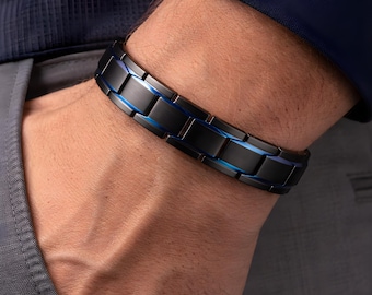 Men's Black Stainless Steel Magnetic Bracelet – Blue Accent, Modern Style