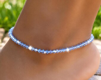 Light Sapphire Crystal Stretch Anklet, Ocean Sparkle Beach Jewelry
