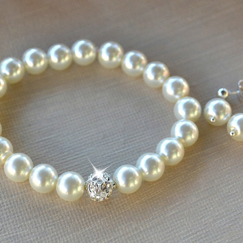 Pearl and Crystal Bracelet and Earring Set/Weddings/Bridal/Stretch Bracelet image 3