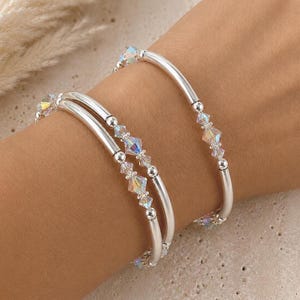 Silver Tone Swarovski Crystal Bangle Set, Stackable Beaded Bracelets, Elegant Jewelry