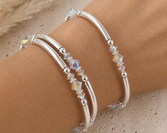 Silver Tone Swarovski Crystal Bangle Set, Stackable Beaded Bracelets, Elegant Jewelry