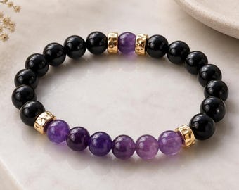 Amethyst Black Agate Stretch Bracelet • Natural Gemstone Gold Accent Beads