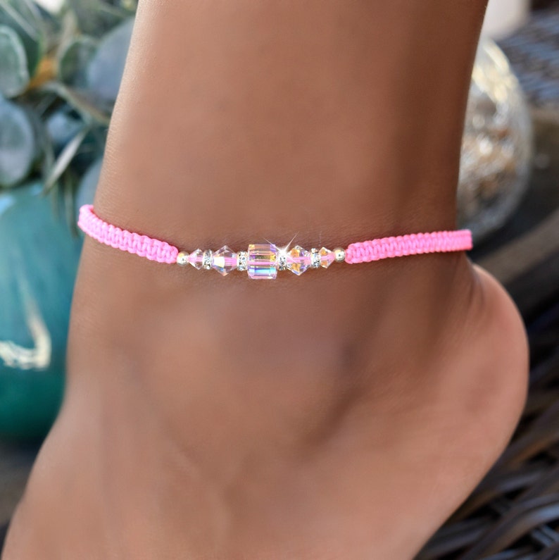 Neon Cord Anklet with Swarovski Crystals, Friendship Bracelet image 2