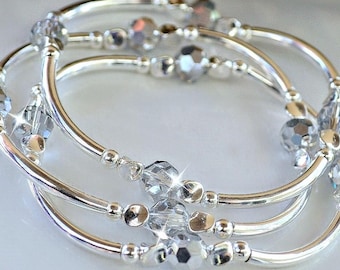Silver Crystal Bangle Bracelets - Set of 3 - Fits 6-8 inch Wrist