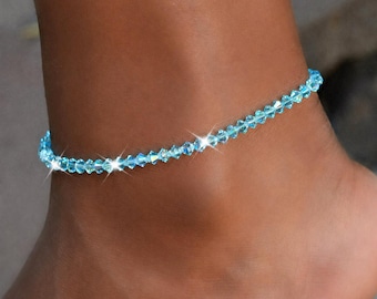 Pulsera tobillera de cristal delicada, cuentas facetadas Aurora Boreal, longitud ajustable.