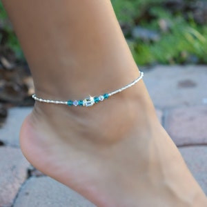 Crystal Anklet; Personalized Stretch Anklet; Blue Zircon; Bridal; Birthstones