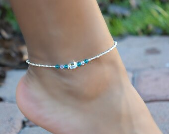 Crystal Anklet; Personalized Stretch Anklet; Blue Zircon; Bridal; Birthstones