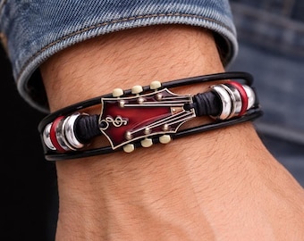Guitar Headstock Leather Bracelet for Men,  Music Lover Jewelry, Adjustable Magnetic Clasp