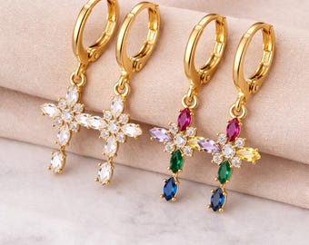 Gold Cross Hoop Earrings, Dainty CZ, Religious Jewelry