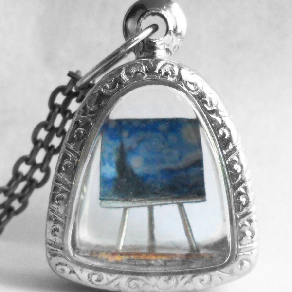 Van Gogh Necklace, Starry Night Necklace, Tiny Painting Necklace, Famous Art Necklace Mini Art Jewelry, Van Gogh Starry Night Necklace