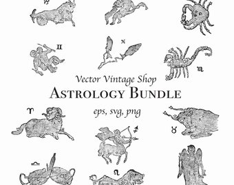 ASTROLOGY SIGNS VECTOR Bundle, Vintage Zodiac Clipart, Pisces Aries Capricorn Leo Scorpio Taurus Sagittarius Illustrations, png eps svg