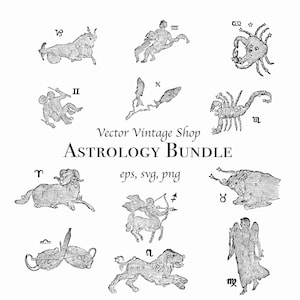 ASTROLOGY SIGNS VECTOR Bundle, Vintage Zodiac Clipart, Pisces Aries Capricorn Leo Scorpio Taurus Sagittarius Illustrations, png eps svg