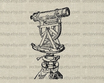 TELESCOPE SVG File, Vintage Style Vector Graphic, Theodolite Illustration, Precision Instrument Machine Industry Tool, png jpg eps