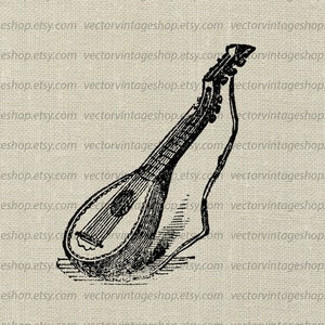 Può includere: Un disegno in bianco e nero di un mandolino vintage. Il mandolino ha un corpo arrotondato e un collo lungo con piroli. Lo strumento è rappresentato in uno stile semplice ed elegante.
