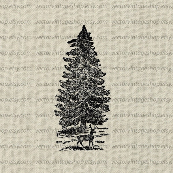 EVERGREEN TREE SVG File, Norway Spruce with Deer, Vintage Christmas Holiday Decor, Woodland Christmas, Commercial Use, Printable Download