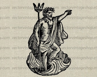 Archivo SVG POSEIDON, Ilustración vectorial vintage, Tridente de Neptuno, Dios del océano marino, Clip Art de mitología antigua, jpeg png eps