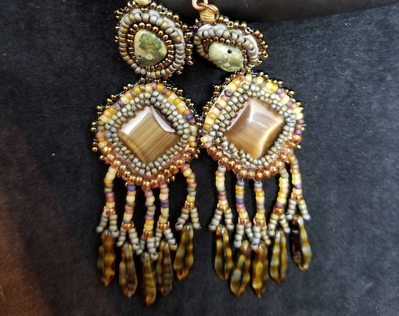 Jasper Tigers eye earrings Native American inspired Beadwork Dreams Raven