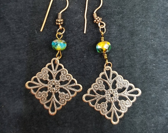 Glass Picasso beads earrings Native American inspired Beadwork Dreams Raven