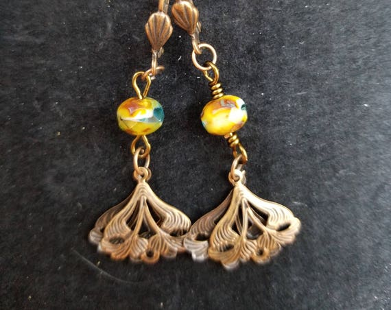 Gold blue earrings Native American inspired Beadwork Dreams Raven