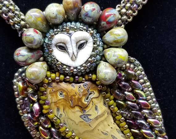 Wee owl necklace Native American inspired beadwork Rita Caldwell, Laura Mears cabochon