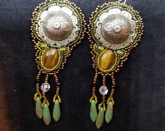 Silver concho earrings Native American inspired Beadwork Dreams Raven