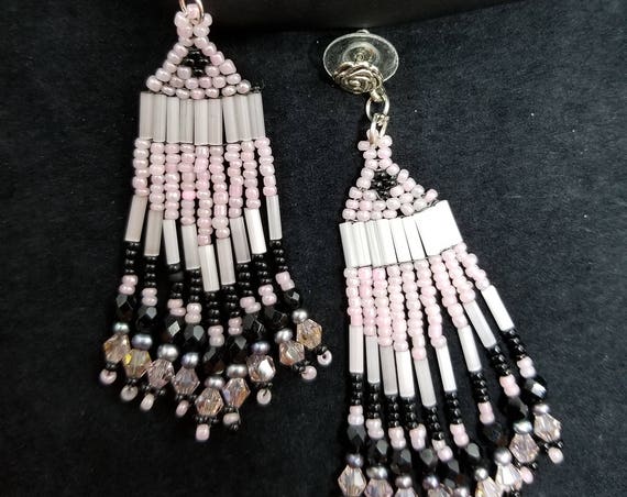 Black pink Native American inspired Beadwork earrings Beadwork Dreams Raven