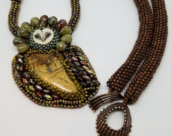 Wee owl necklace Native American inspired beadwork Rita Caldwell, Laura Mears cabochon