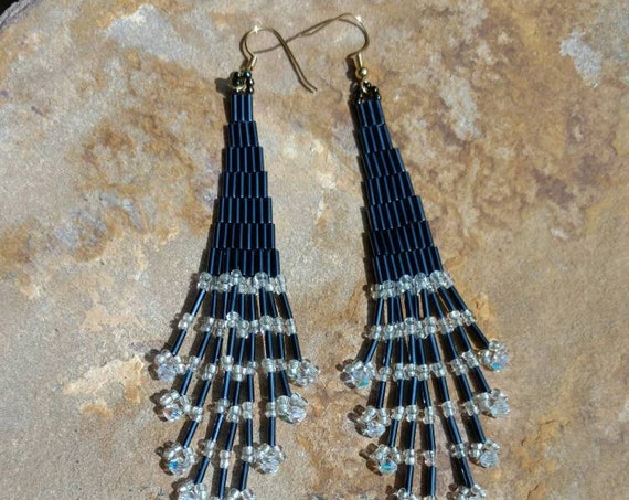 Shoulder duster earrings crystal and Gray's Native American inspired beadwork Beadworkdreamsraven
