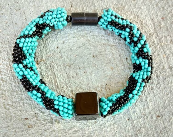Turquoise blue and black seed bead bracelet Native American inspired beadwork Beadworkdreamsraven