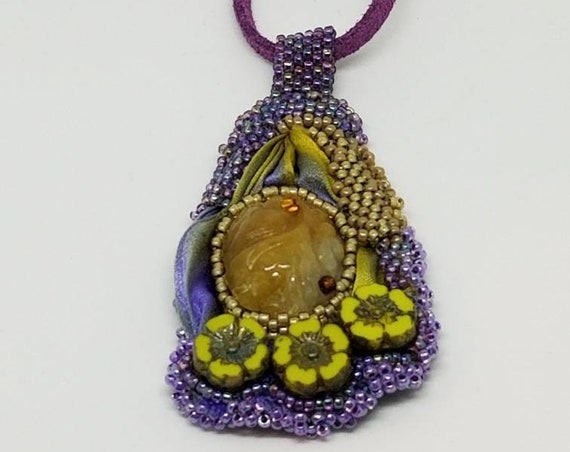 Purple silk and flowers pendant Rita Caldwell Native American inspired