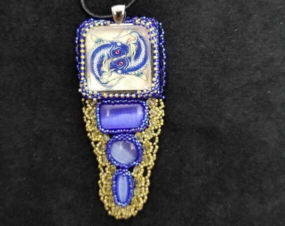 Blue Koi pendent, Native American inspired jewelry Beadwork Dreams Raven, Rita Caldwell