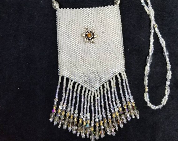 Silver snows amulet bag Native American inspired Beadwork Dreams Raven