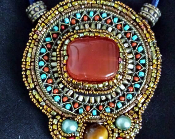 South West Embrodiroy Pendent native american inspired beadwork by Beadworkdreamsraven.