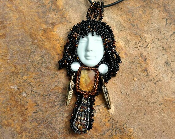 Raven's goddess Native American inspired beadwork pendent by Beadworkdreamsraven Rita Caldwell.