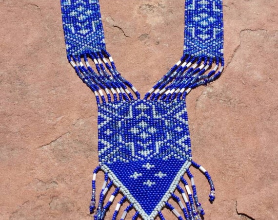 Comanche cross necklace, elaborate loomed blue necklace, Native America inspired, Anna Belous pattern, Beadworkdreamsraven. Rita caldwell
