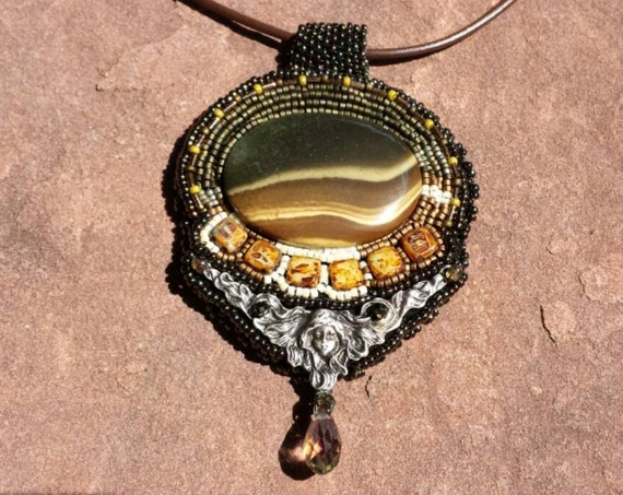 Forest goddess pendant Goth inspired beadwork by beadwork Dreams Raven Rita Caldwell