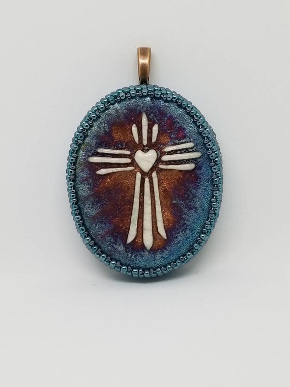 Raku Heart cross pendent Rita Caldwell