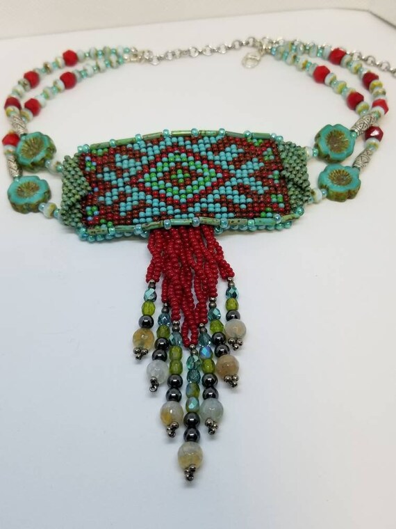 Red/turquoise beadwork choker