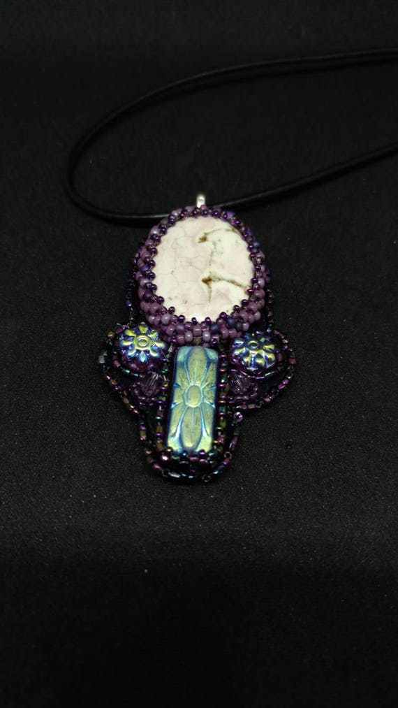 Pink Jasper and purple flowers Native American inspired pendent.