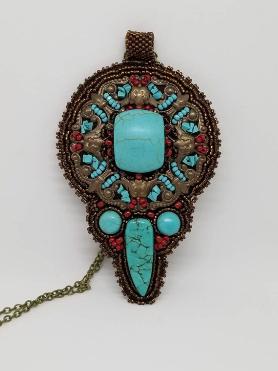 Turquoise mandela pendant Native American inspired Beadwork Rita Caldwell